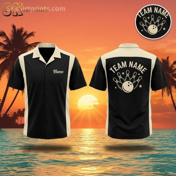 Tenpin bowling shirt displayed on ghost mannequin showing back graphic of a bowling ball striking pins with sparkles and Team Name text, Hawaiian shirt styling