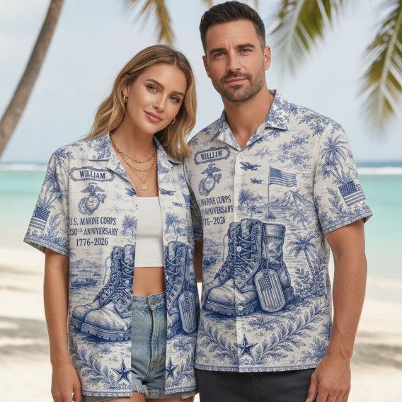 US Navy Hawaiian shirt shown alongside Marine Corps military Hawaiian shirt design with American flag, palm trees, and monochromatic military imagery in aloha shirt cut
