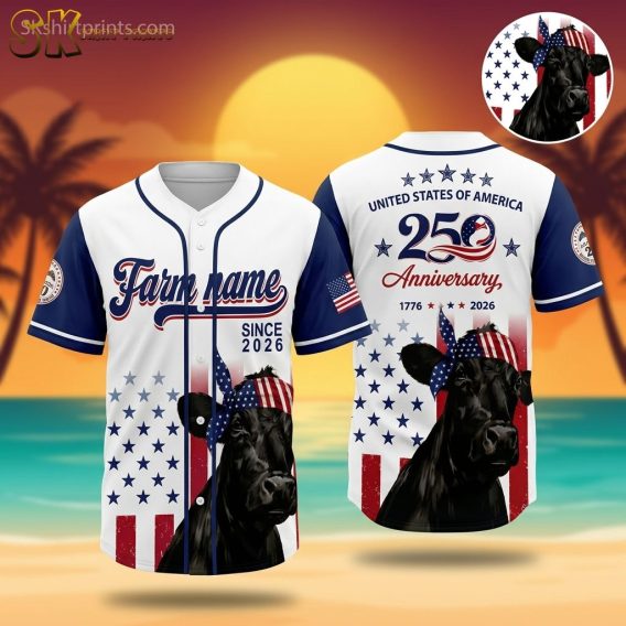 USA 250 Hawaiian shirt featuring stars and stripes pattern, patriotic cow with bandana, and 1776–2026 anniversary text on the back