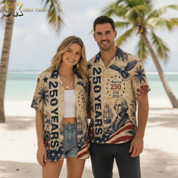 USA 250th Hawaiian shirt showing an eagle, historic sailing ship, hibiscus flowers, American flag stars, and 250 Years 1776 2026 text in red, white, and blue.