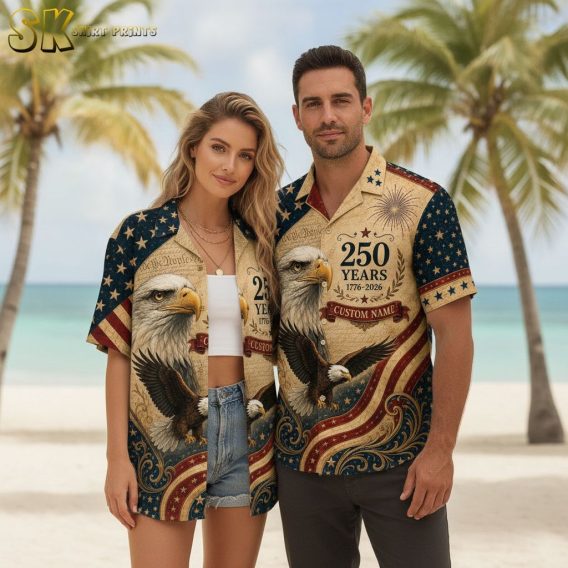 USA 250th Hawaiian shirt with bald eagle motifs, star and stripe patterns, fireworks, and '1776-2026' anniversary text in red, white, and blue