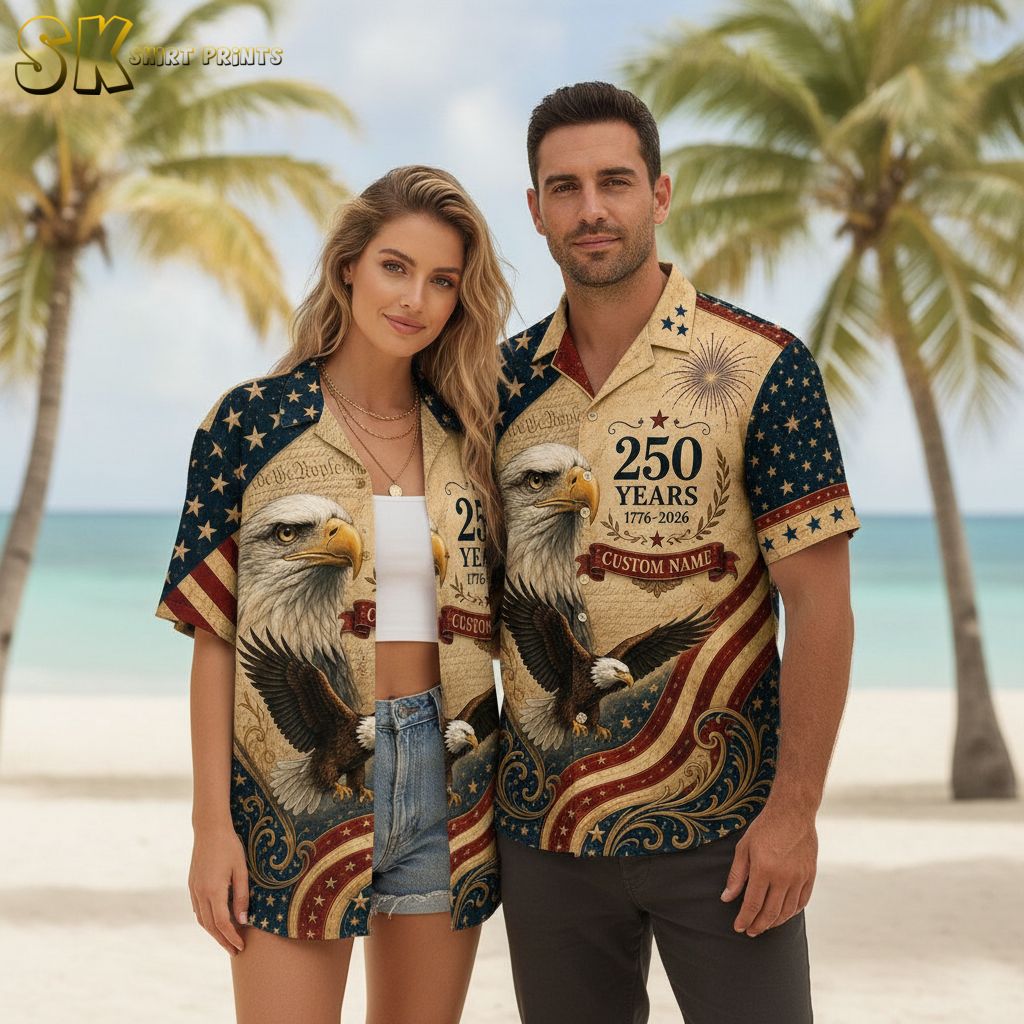 USA 250th Hawaiian shirt with bald eagle motifs, star and stripe patterns, fireworks, and '1776-2026' anniversary text in red, white, and blue