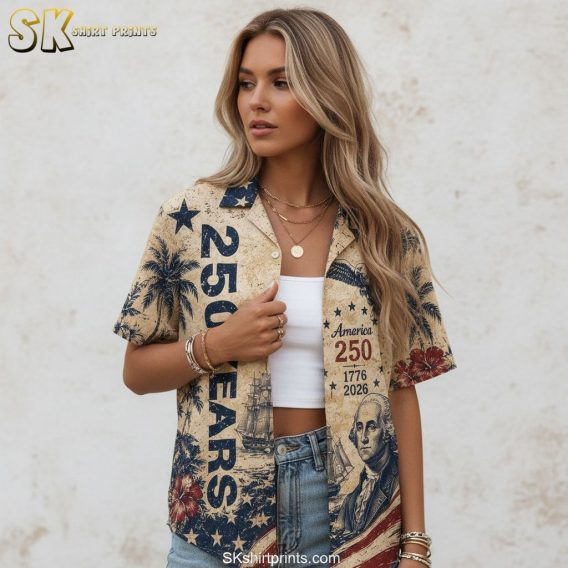 USA 250th Hawaiian shirt with bald eagle, old sailing ships, stars and stripes, hibiscus flowers, and '250 Years' anniversary text