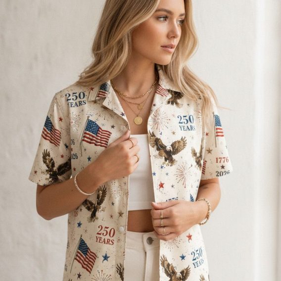 USA 250th Hawaiian shirt showing bald eagles, American flag, red white and blue fireworks, and 250 Years text with 1776 and 2026 dates.