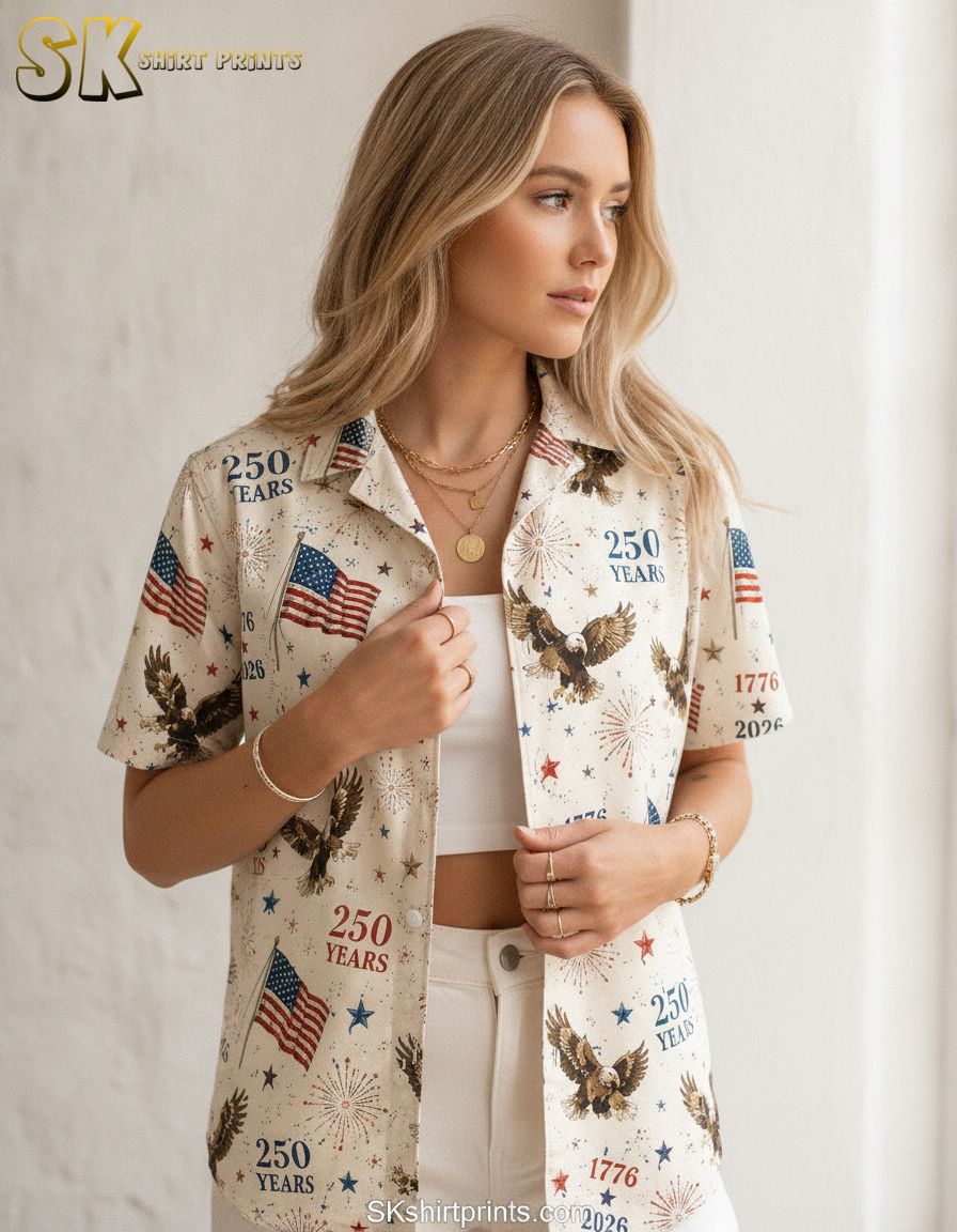 USA 250th Hawaiian shirt showing bald eagles, American flag, red white and blue fireworks, and 250 Years text with 1776 and 2026 dates.