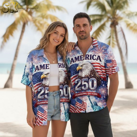 USA 250th Hawaiian shirt showing a bald eagle, multiple American flags, Statue of Liberty, and fireworks in a patriotic all-over print