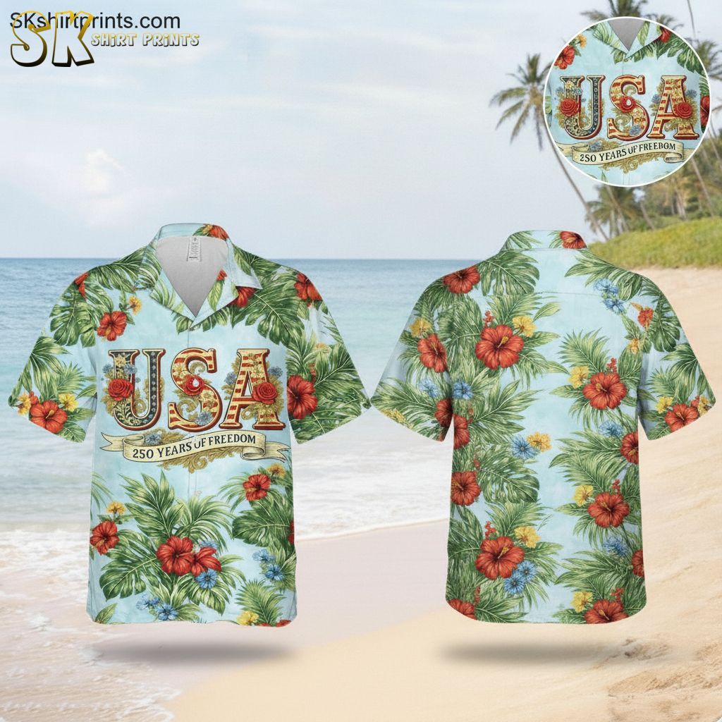 USA 250th Hawaiian Shirt โ America 250 Floral Button-Down for the Anniversary Celebration 250th anniversary hawaiian shirt - america 250 shirts for sale as gifts for veterans dads and family reunions 2026