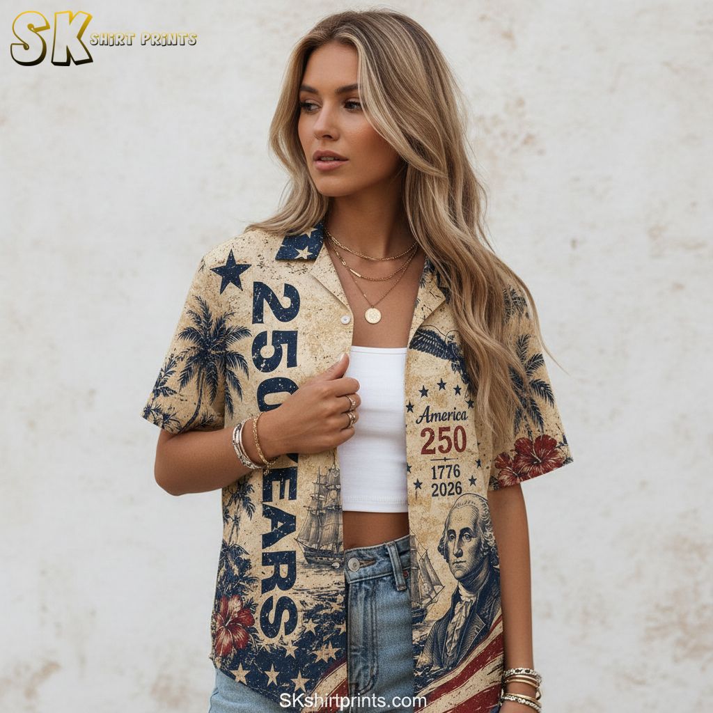 USA 250th Hawaiian shirt with bald eagle, old sailing ships, stars and stripes, hibiscus flowers, and '250 Years' anniversary text