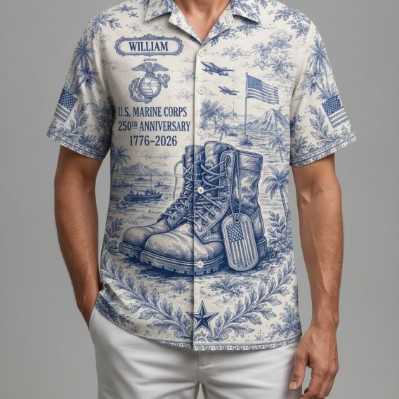 Veteran Hawaiian shirt with monochromatic Marine Corps print including American flag, palm trees, dog tags, and a back graphic of a soldier in full combat gear surrounded by stars