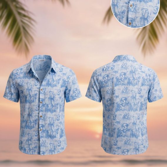 Vintage Hawaiian shirt featuring abstract wave and coastal artwork in shades of blue on a light background