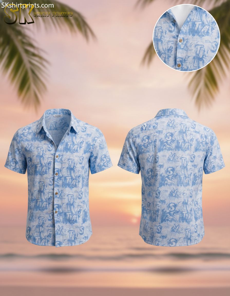 Vintage Hawaiian shirt featuring abstract wave and coastal artwork in shades of blue on a light background