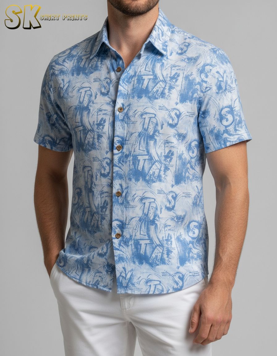 Close-up of a vintage Hawaiian shirt showing blue abstract wave and tropical artwork on a light fabric