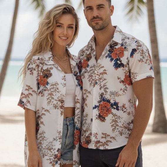 Vintage Hawaiian shirt with oversized red and orange floral blooms and dark blue and black leaf accents printed on white fabric