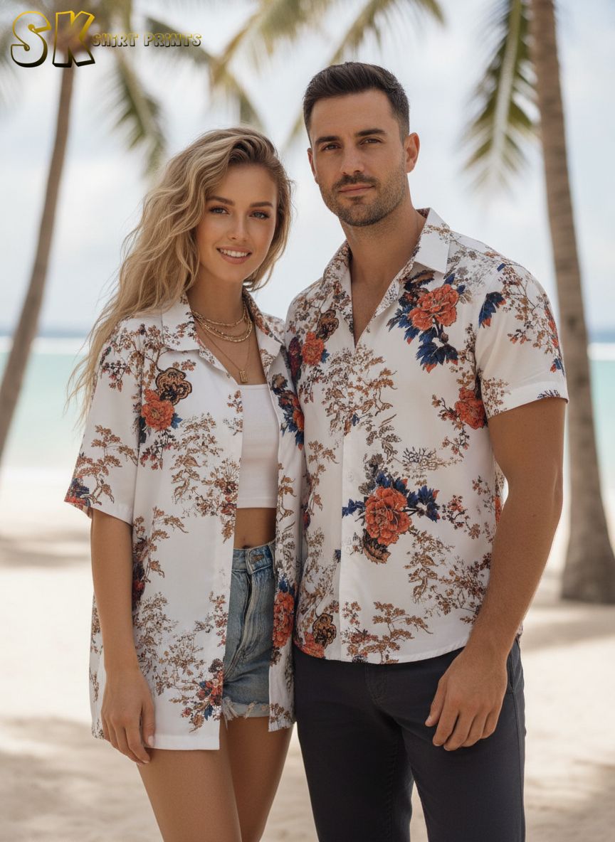 Vintage Hawaiian shirt with oversized red and orange floral blooms and dark blue and black leaf accents printed on white fabric