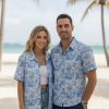Vintage Hawaiian shirt with a repeating coastal abstract pattern in blue displayed for casual wear styling