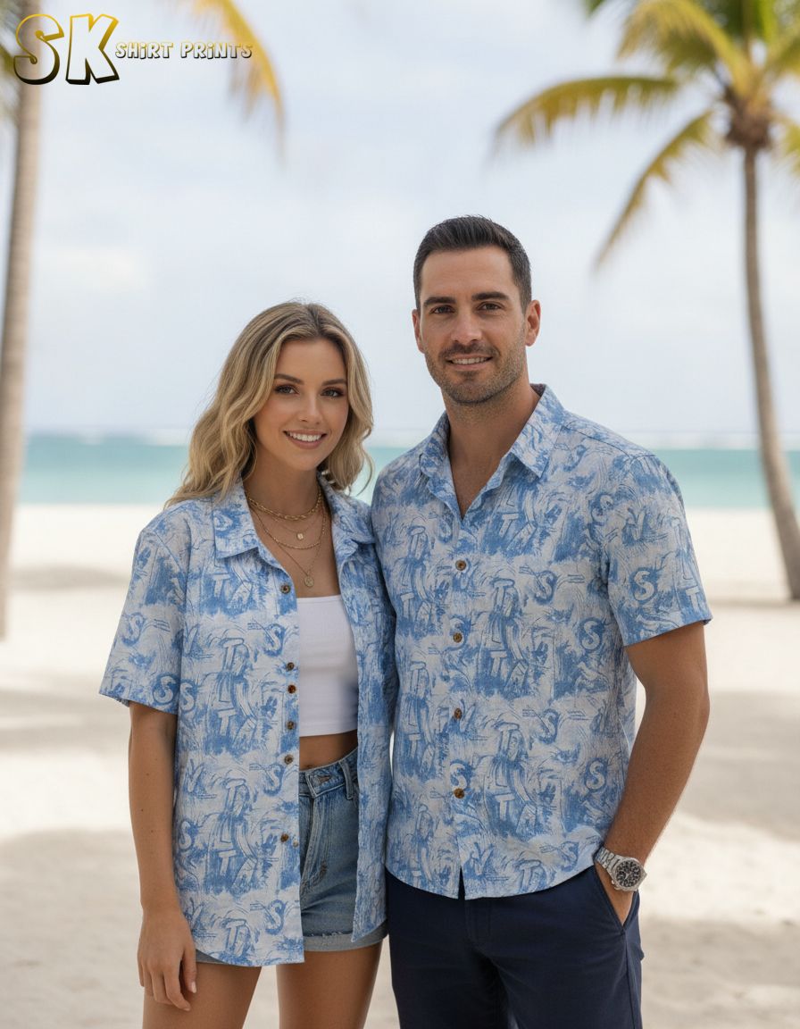 Vintage Hawaiian shirt with a repeating coastal abstract pattern in blue displayed for casual wear styling