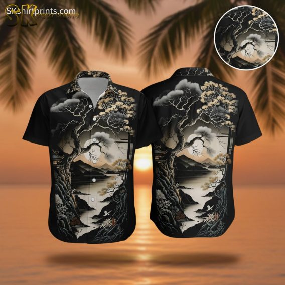 Vintage Hawaiian shirt featuring a dark landscape print with a gnarled tree, winding branches, mountains, and water in shades of black, gray, and brown