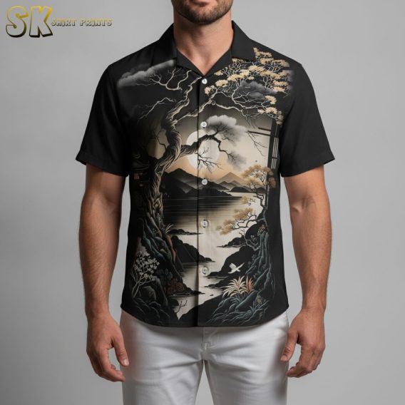 Vintage Hawaiian shirt with a dark-toned nature print showing a large tree, water reflection, and mountain backdrop with birds in the sky