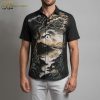 Vintage Hawaiian shirt with a detailed print of a gnarled tree surrounded by clouds and mountainous scenery in dark gray and brown tones