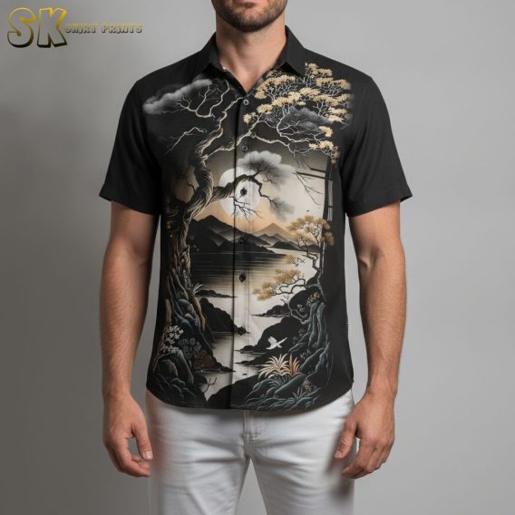 Vintage Hawaiian shirt with a detailed print of a gnarled tree surrounded by clouds and mountainous scenery in dark gray and brown tones
