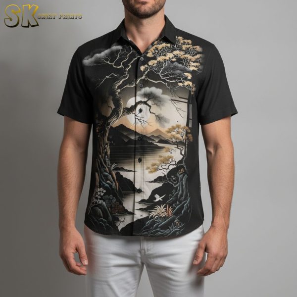 Vintage Hawaiian Shirts for Men – Dark Landscape Gnarled Tree Mountain Scene Aloha Shirt