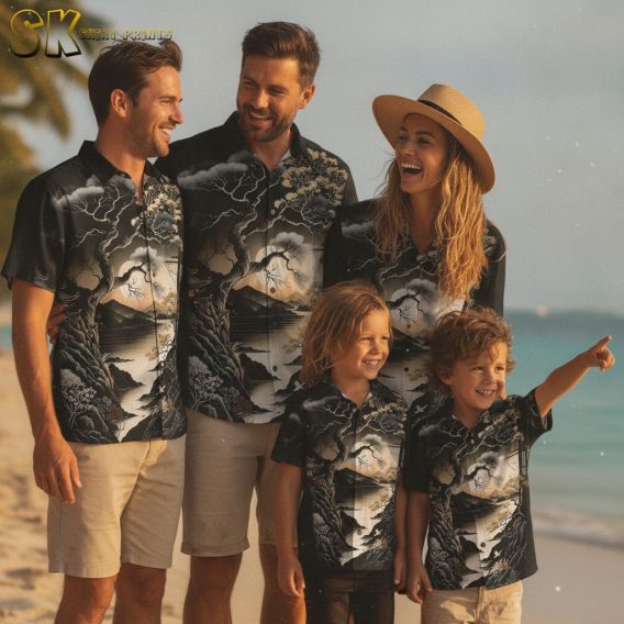 Vintage Hawaiian aloha shirt with repeating landscape motif including gnarled trees, clouds, mountains, and water in a dark black and gray print