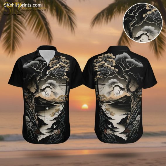 Vintage Hawaiian shirt featuring a detailed tree in the foreground, a reflective body of water, rocky shoreline, and mountains under a moonlit sky