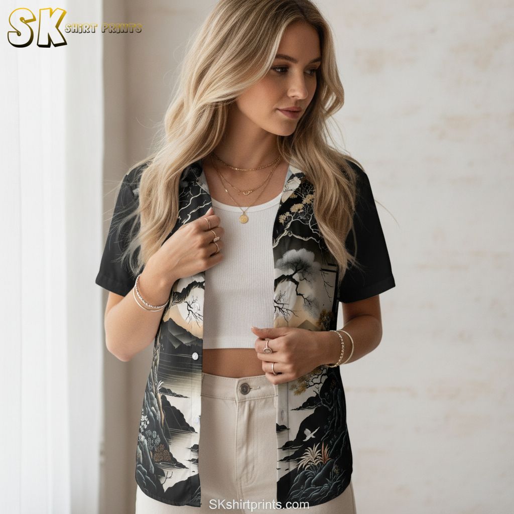 Vintage Hawaiian shirt with an all-over nighttime landscape print including a detailed tree, calm water, and mountain scenery with moon and clouds