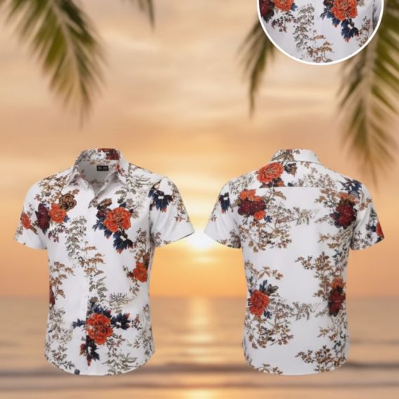 Vintage Hawaiian shirt featuring large red and orange flowers with dark blue and black leaves on a white background