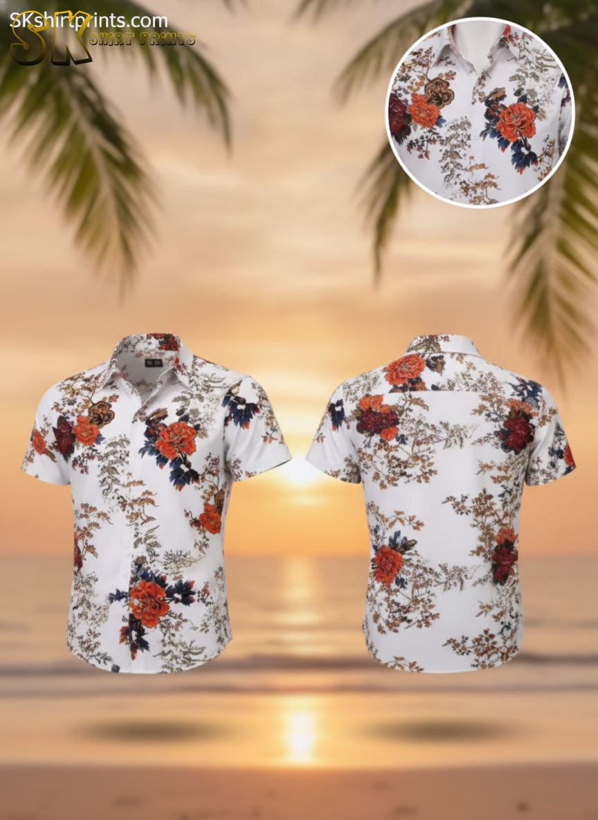 Vintage Hawaiian shirt featuring large red and orange flowers with dark blue and black leaves on a white background