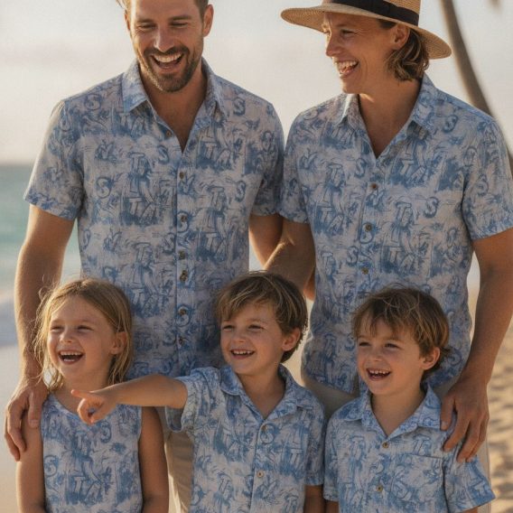 Vintage Hawaiian shirt with a retro coastal graphic print featuring abstract wave motifs in blue on a light base