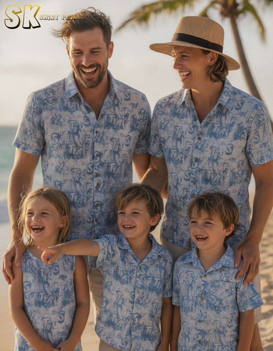 Vintage Hawaiian shirt with a retro coastal graphic print featuring abstract wave motifs in blue on a light base