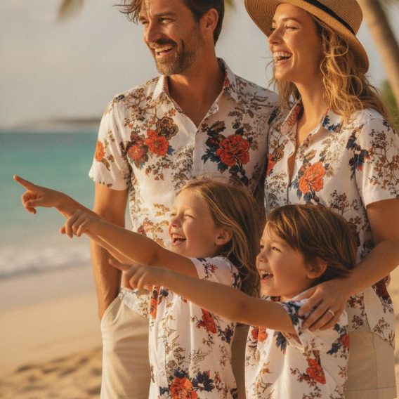 Retro-style vintage Hawaiian shirt with large red and orange floral blooms and dark blue and black leaves on a white background
