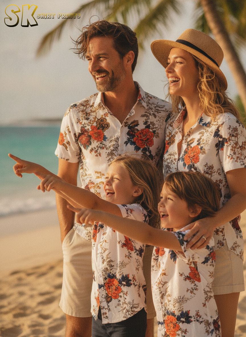Retro-style vintage Hawaiian shirt with large red and orange floral blooms and dark blue and black leaves on a white background