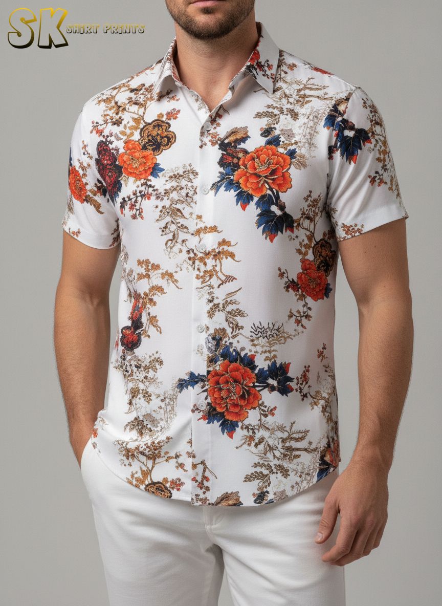 Vintage Hawaiian shirt with large rose-style red and orange flowers and dark leaf pattern on a white shirt background