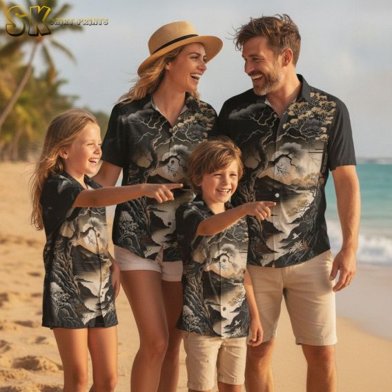 Vintage Hawaiian shirt showing a large tree, body of water with rocky shore, and mountain range in a dark earthy-toned landscape print