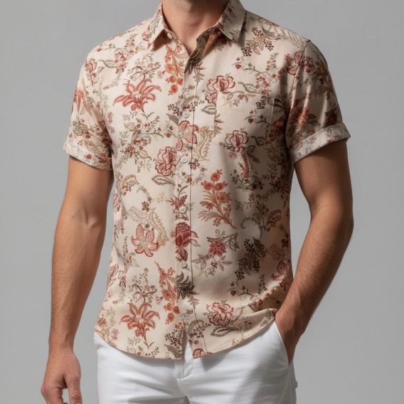 Classic vintage Hawaiian shirt with repeating red and pink flower motifs and green foliage on a light fabric