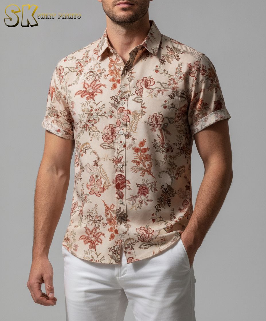 Classic vintage Hawaiian shirt with repeating red and pink flower motifs and green foliage on a light fabric