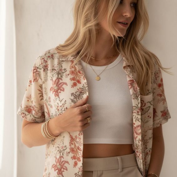 Vintage Hawaiian shirt with a detailed botanical print featuring red, pink, and green flowers on a light background