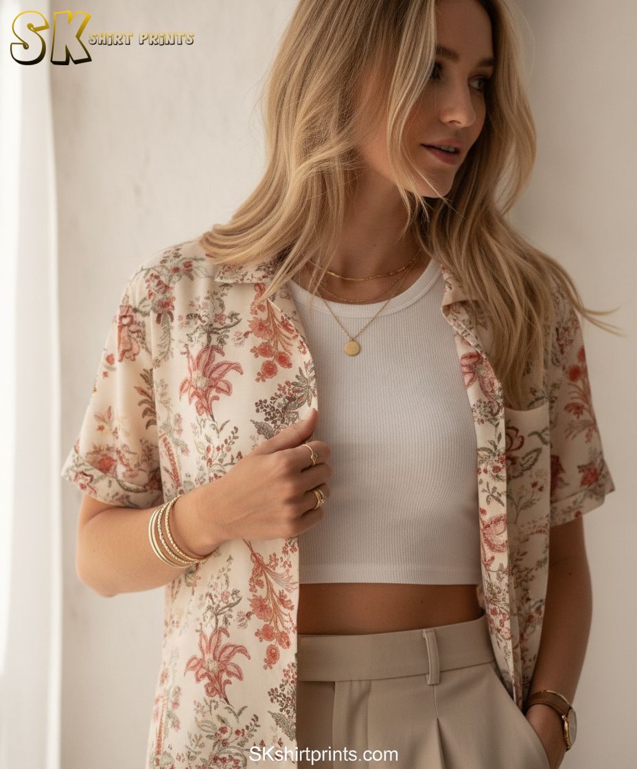 Vintage Hawaiian shirt with a detailed botanical print featuring red, pink, and green flowers on a light background