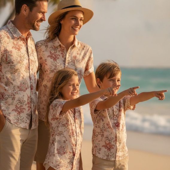 Vintage Hawaiian shirt with a red and pink flower pattern across a light fabric, styled for casual wear