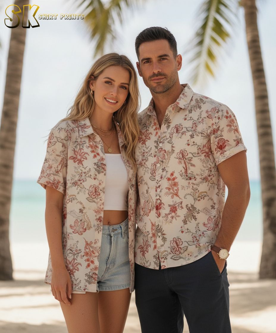 Vintage Hawaiian shirt showing vibrant red and pink flowers with green leaves spread across a light-colored fabric