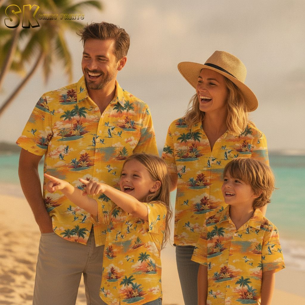 White and yellow Hawaiian shirt displaying white cloud formations and yellow tropical elements