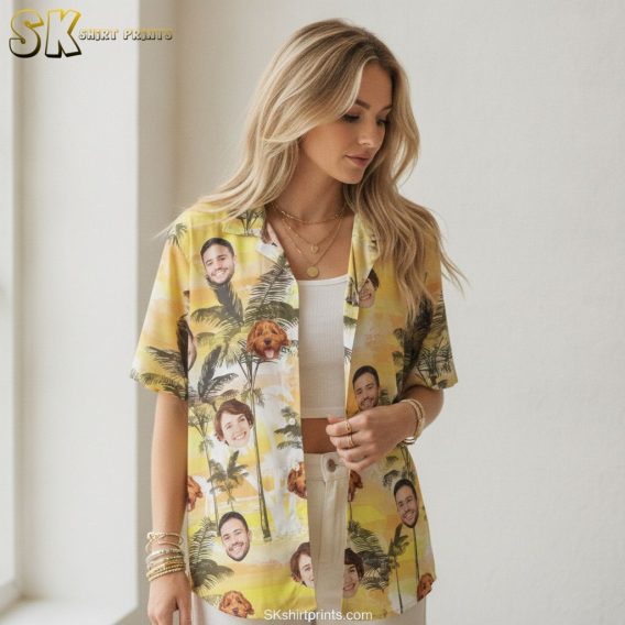 White and yellow Hawaiian shirt showing face portraits of people and dog with palm tree artwork