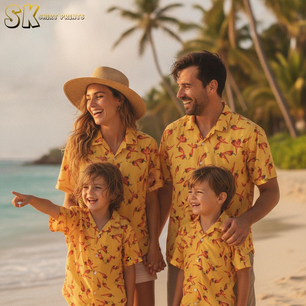 White and yellow Hawaiian shirt with red chili peppers and green stems creating lively tropical pattern
