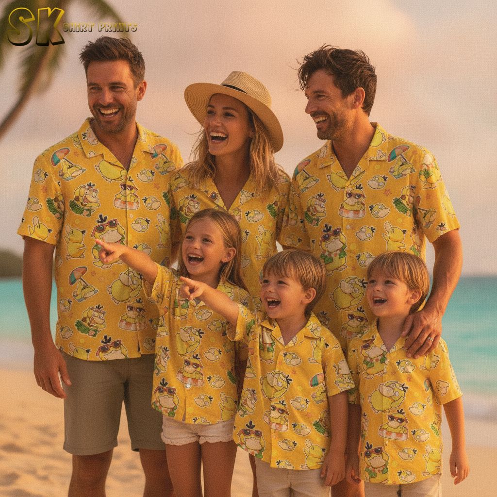 White and yellow Hawaiian shirt featuring cartoon duck characters with light-colored accessories and decorative stars