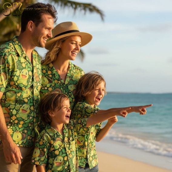 Women's green Hawaiian shirt featuring bee and turtle graphics with tropical flower accents