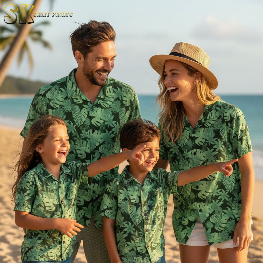 Women's green Hawaiian shirt with tropical foliage design featuring assorted leaf patterns