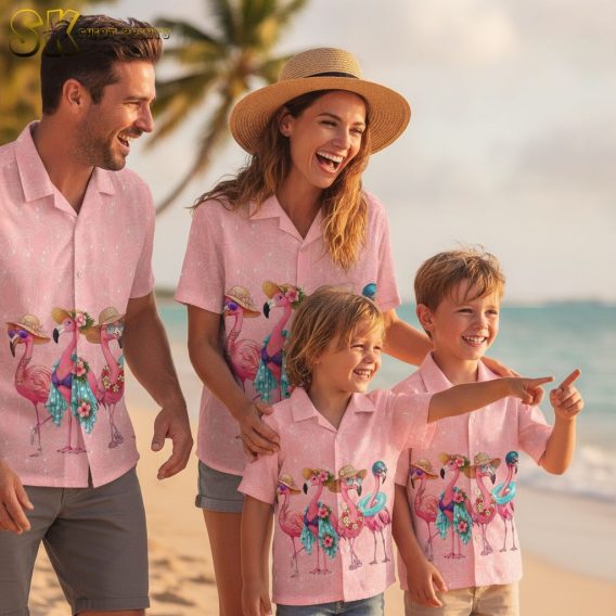 Women's pink Hawaiian shirt featuring flamingos in sunglasses and summer accessories
