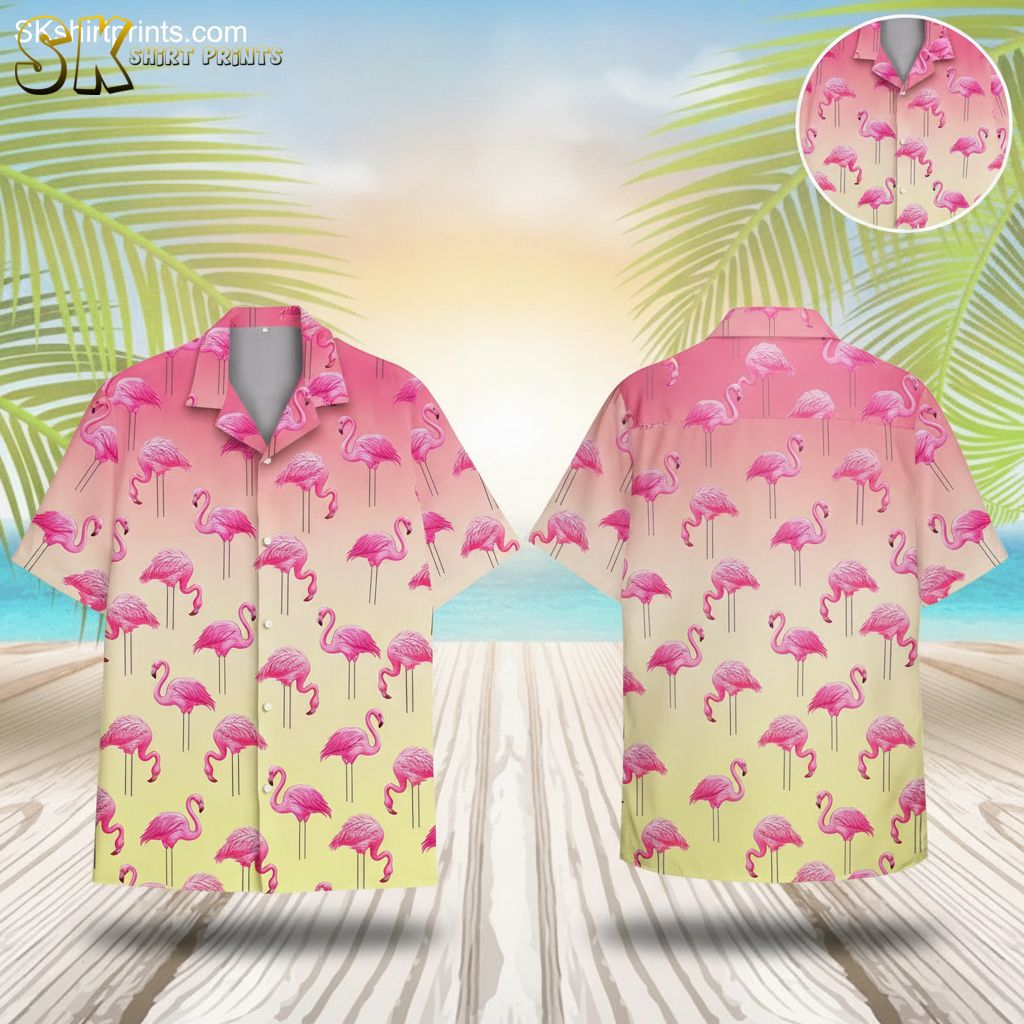 Women's pink Hawaiian shirt featuring flamingo pattern on gradient pink to yellow background